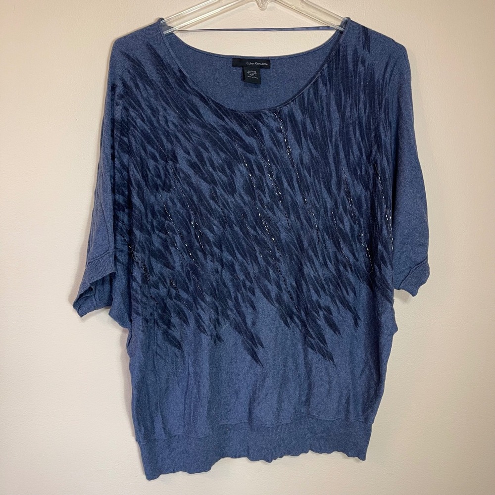 Calvin Klein Jeans Womens XL Blue Sequin Dolman Sleeve Knit Top Scoop Neck Relax